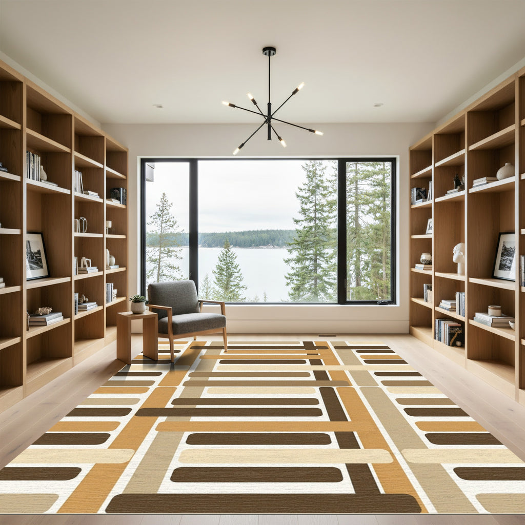 Warm Earthy Tone Rectangular Grid Rug