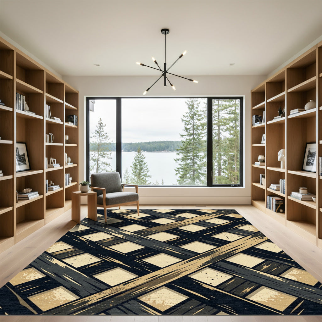 Charcoal and Gold Slanted Grid Rug