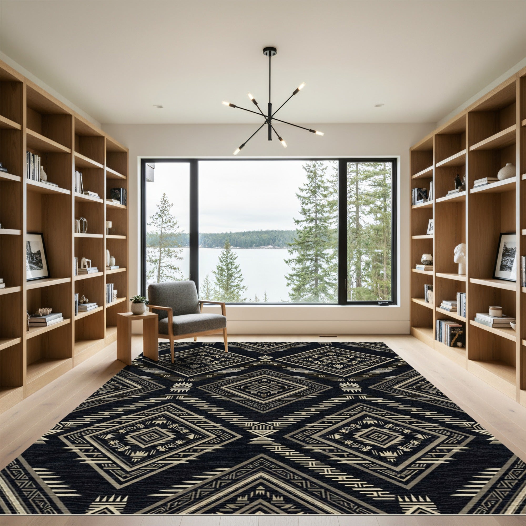 Golden Geometric Aztec Diamond Charcoal Rug