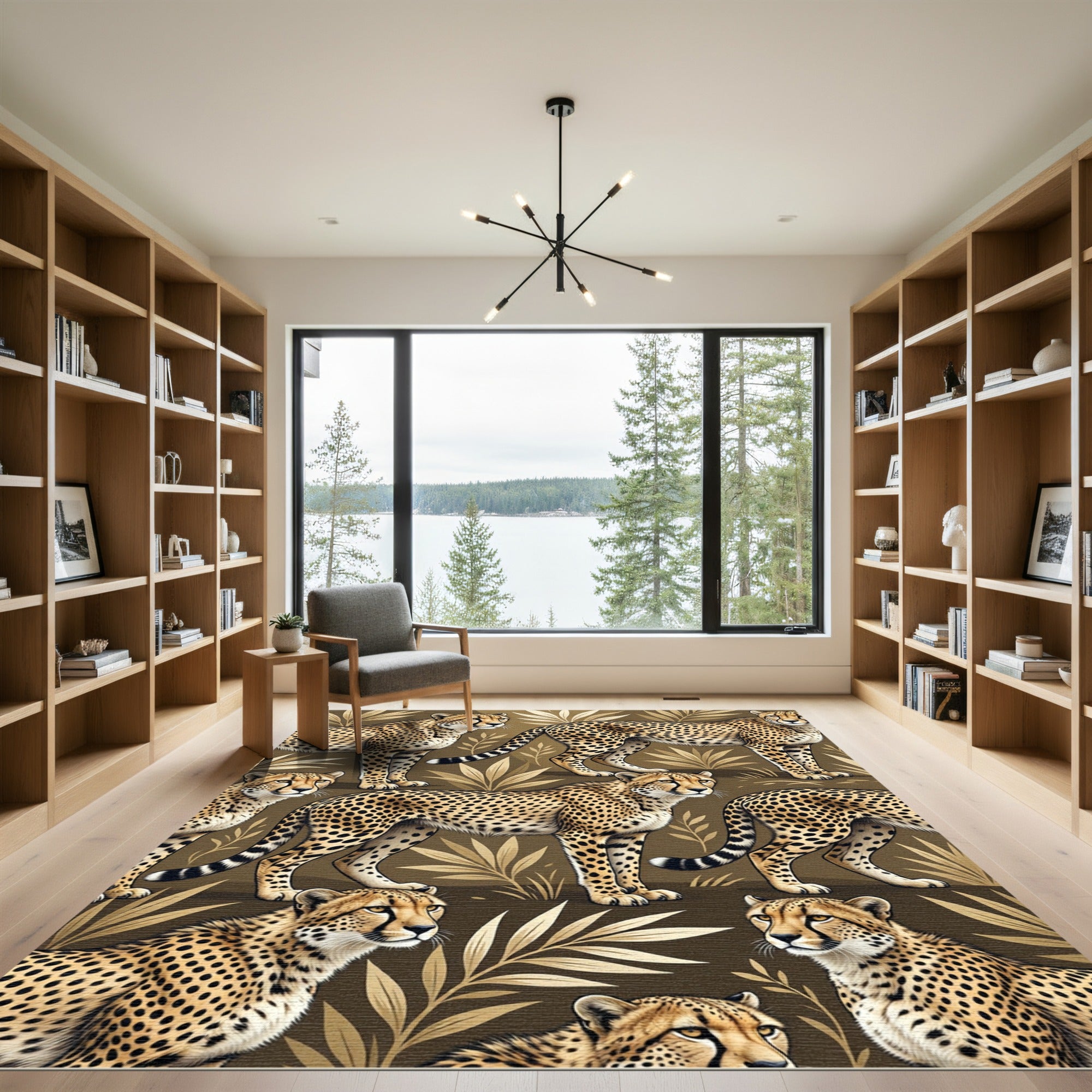 Golden Cheetah Tropical Leaf Wallpaper Rug