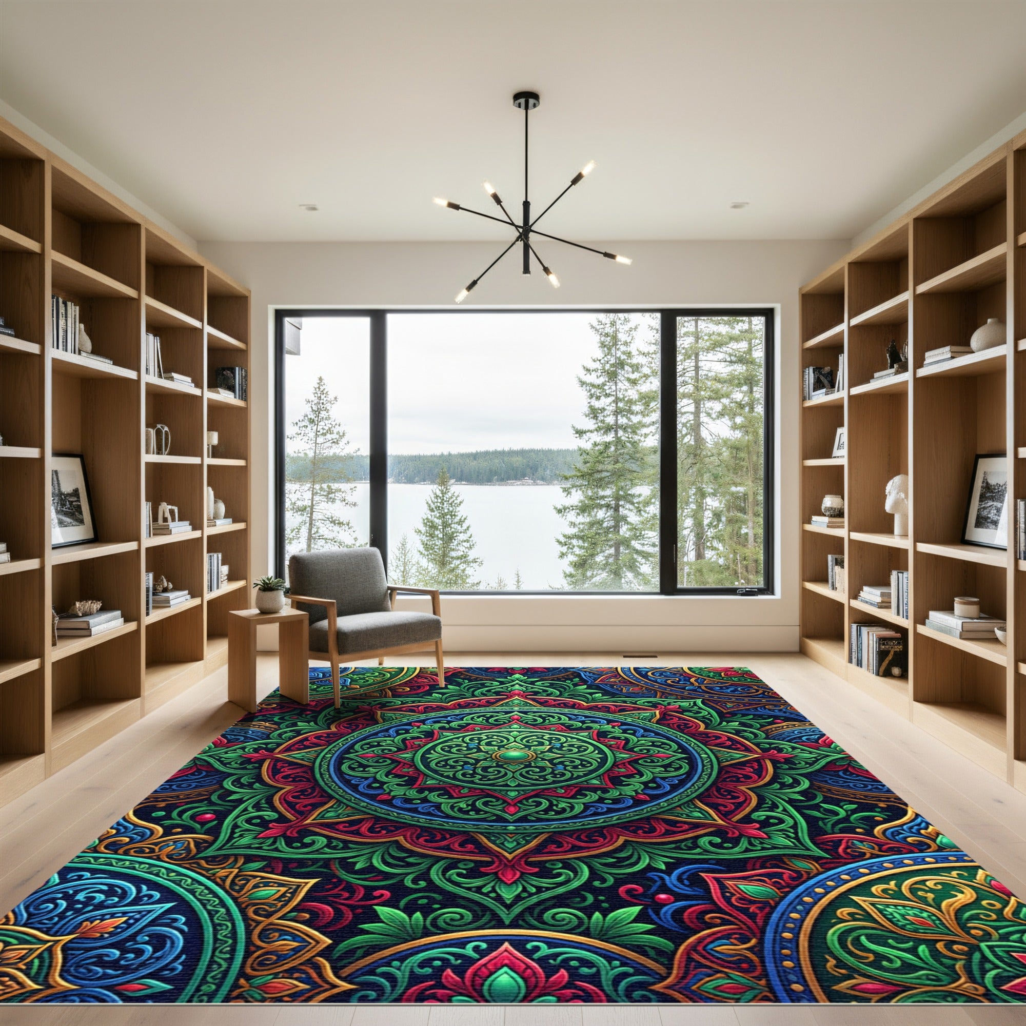 Vibrant Green Red Mandala Medallion Rug