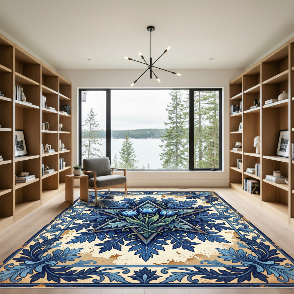 Ornate Blue Tulip Star Scroll Artwork Rug