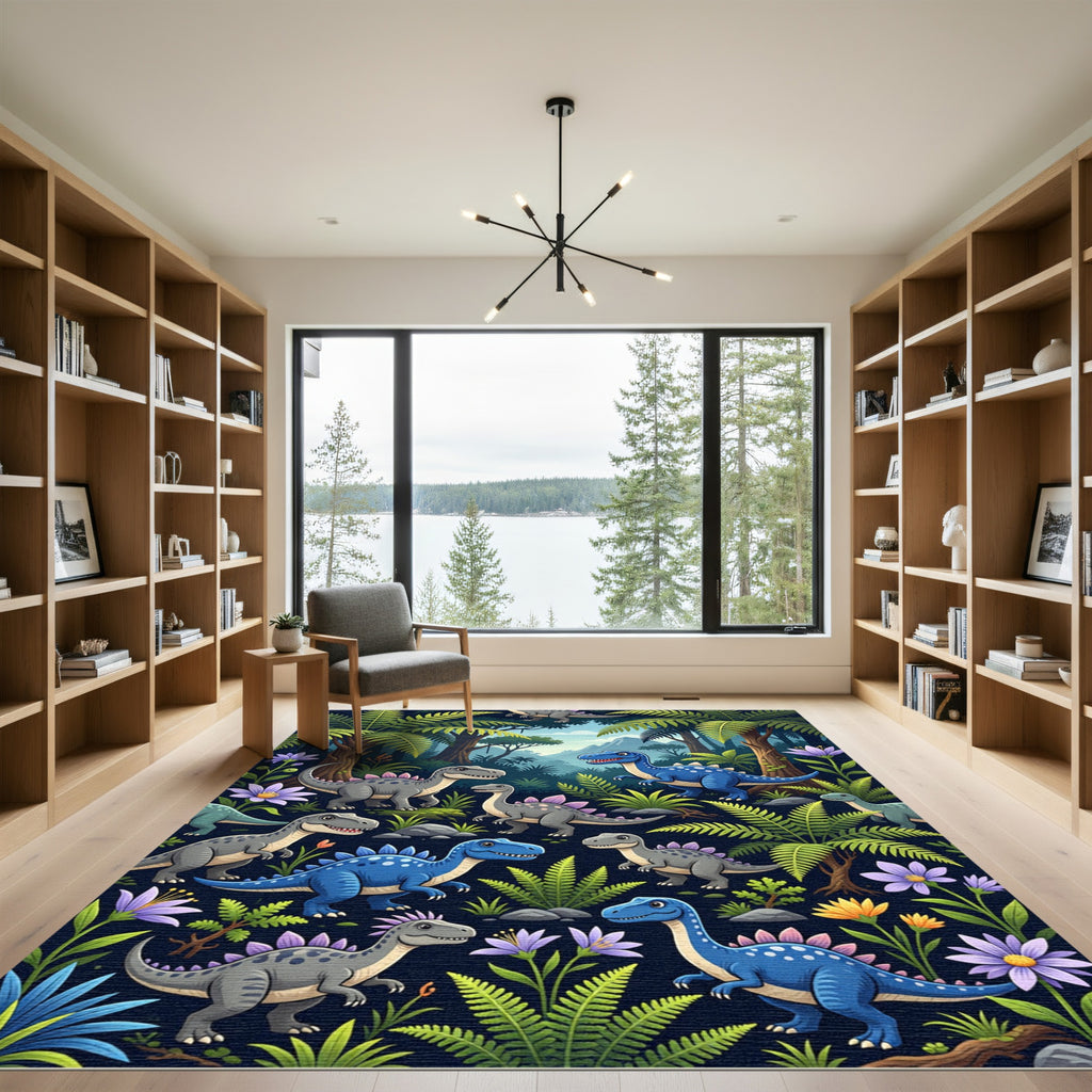 Blue Dinosaur Jungle Tropical Forest Rug