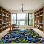 Blue Dinosaur Jungle Tropical Forest Rug