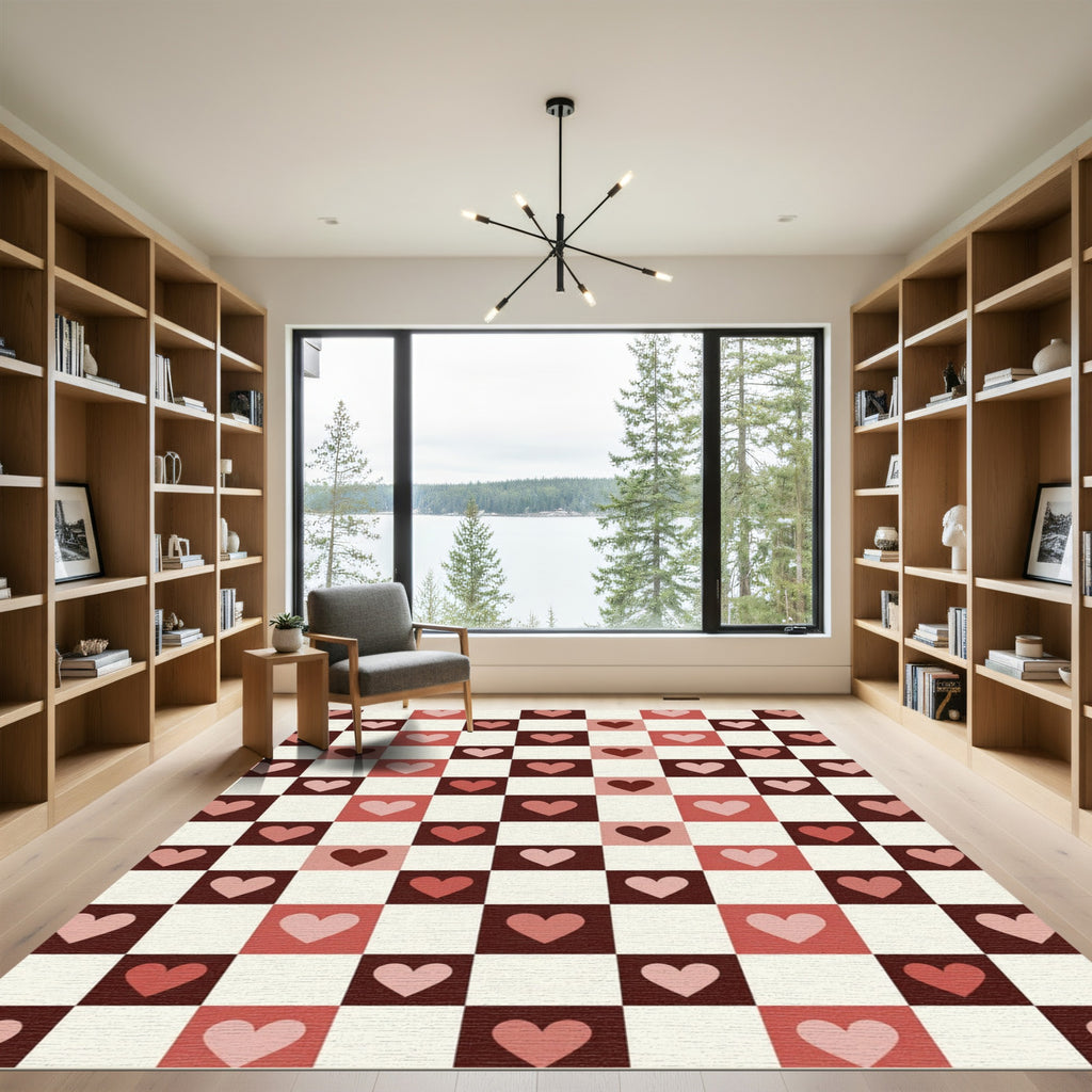 Red Pink Cream Heart Checkerboard Rug