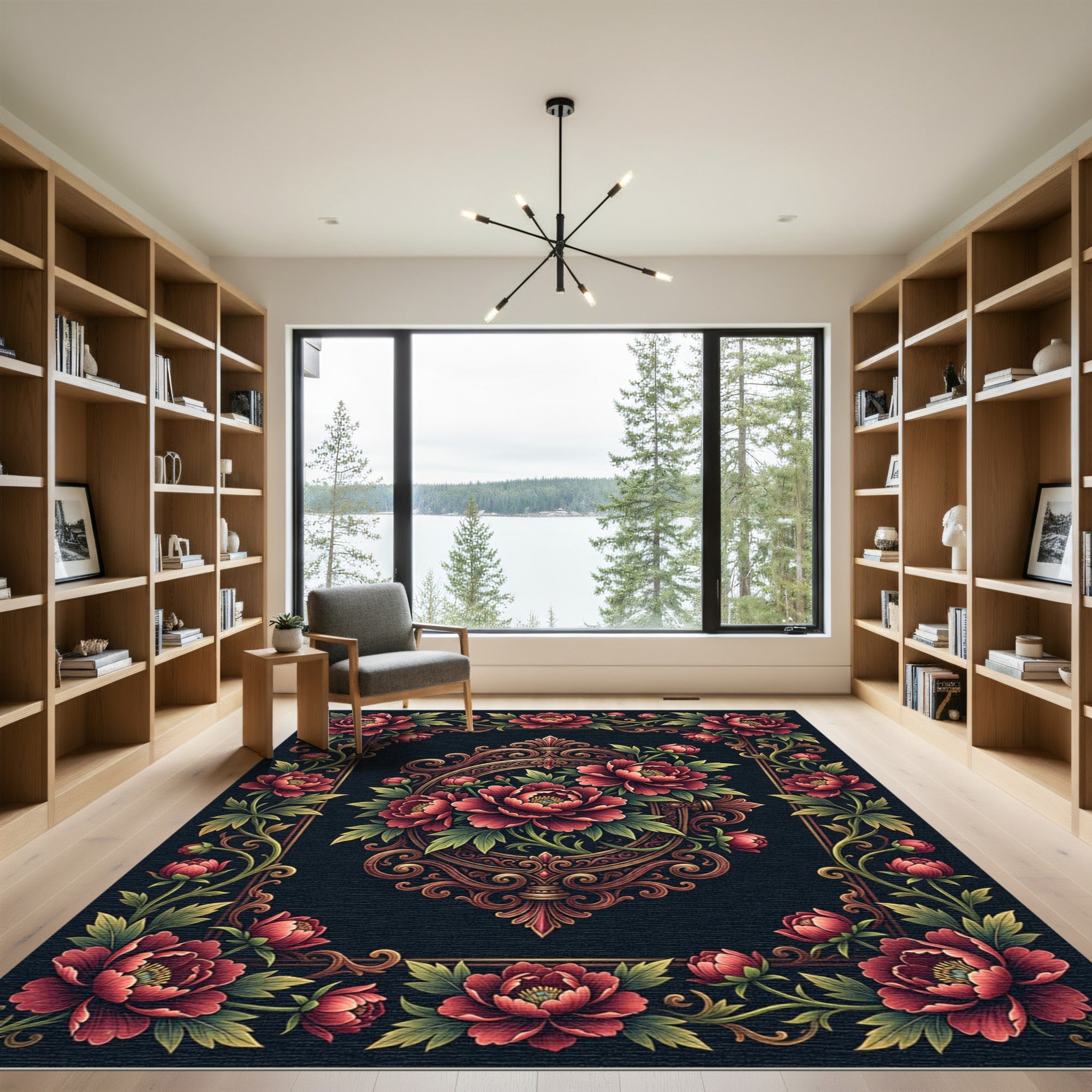 Elegant Crimson Peony Medallion Border Rug