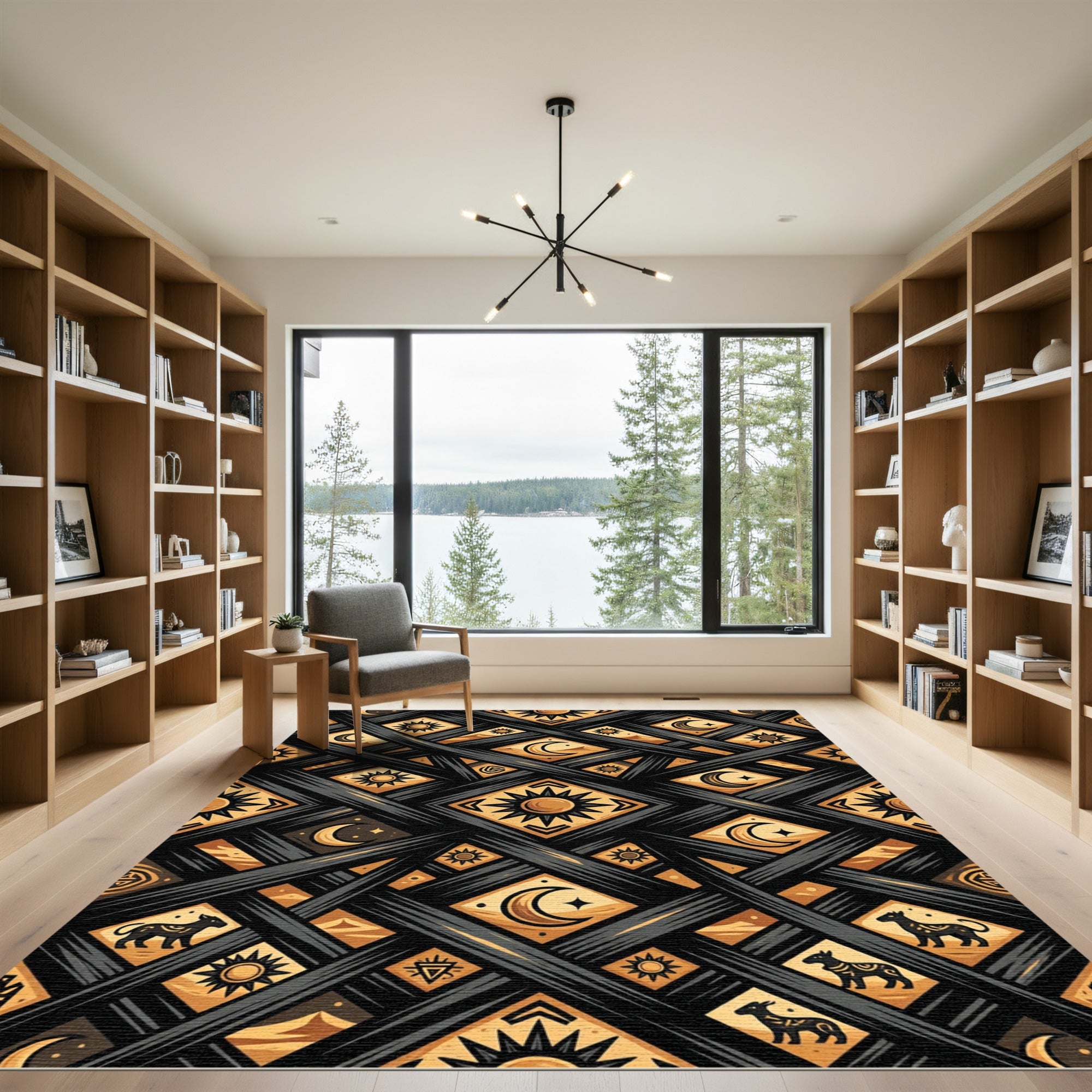 Celestial Gold Sun and Moon Grid Rug