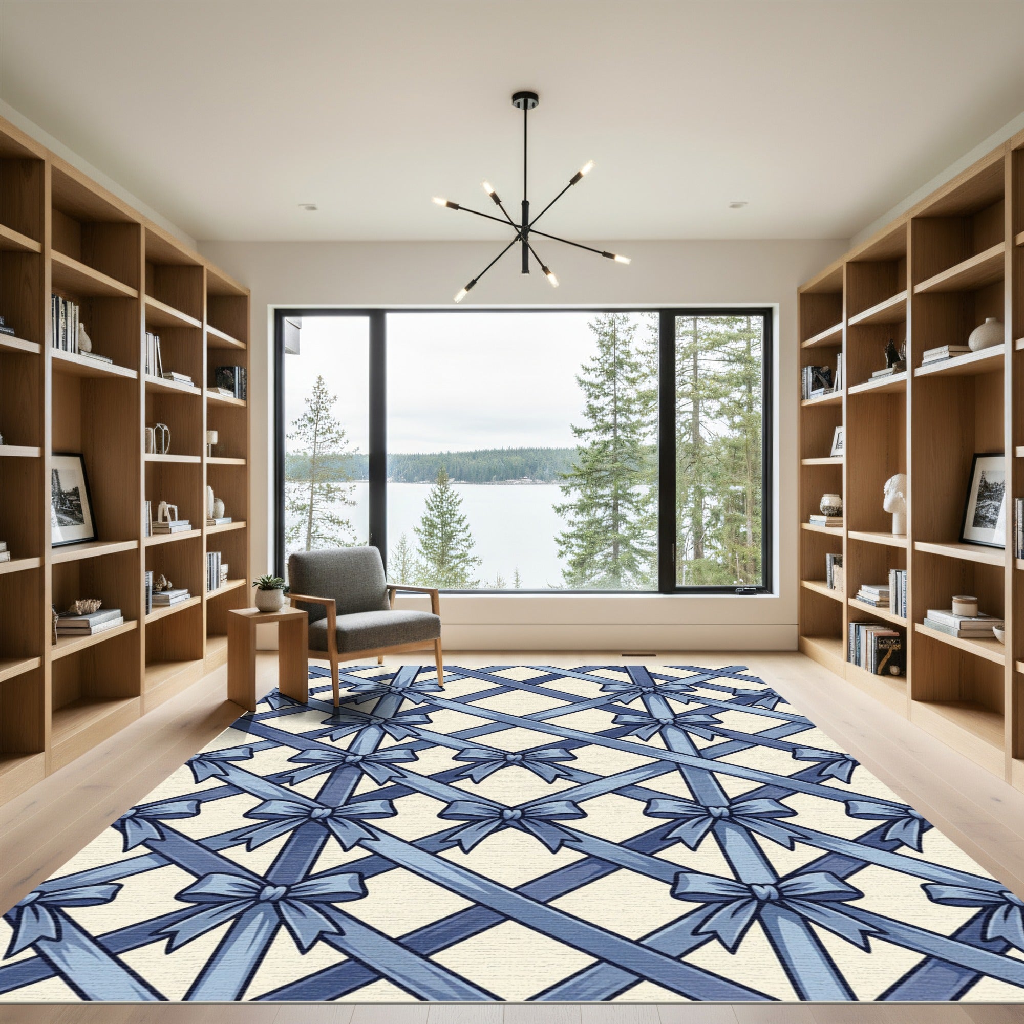 Blue Lattice Ribbon Bow Grid Rug