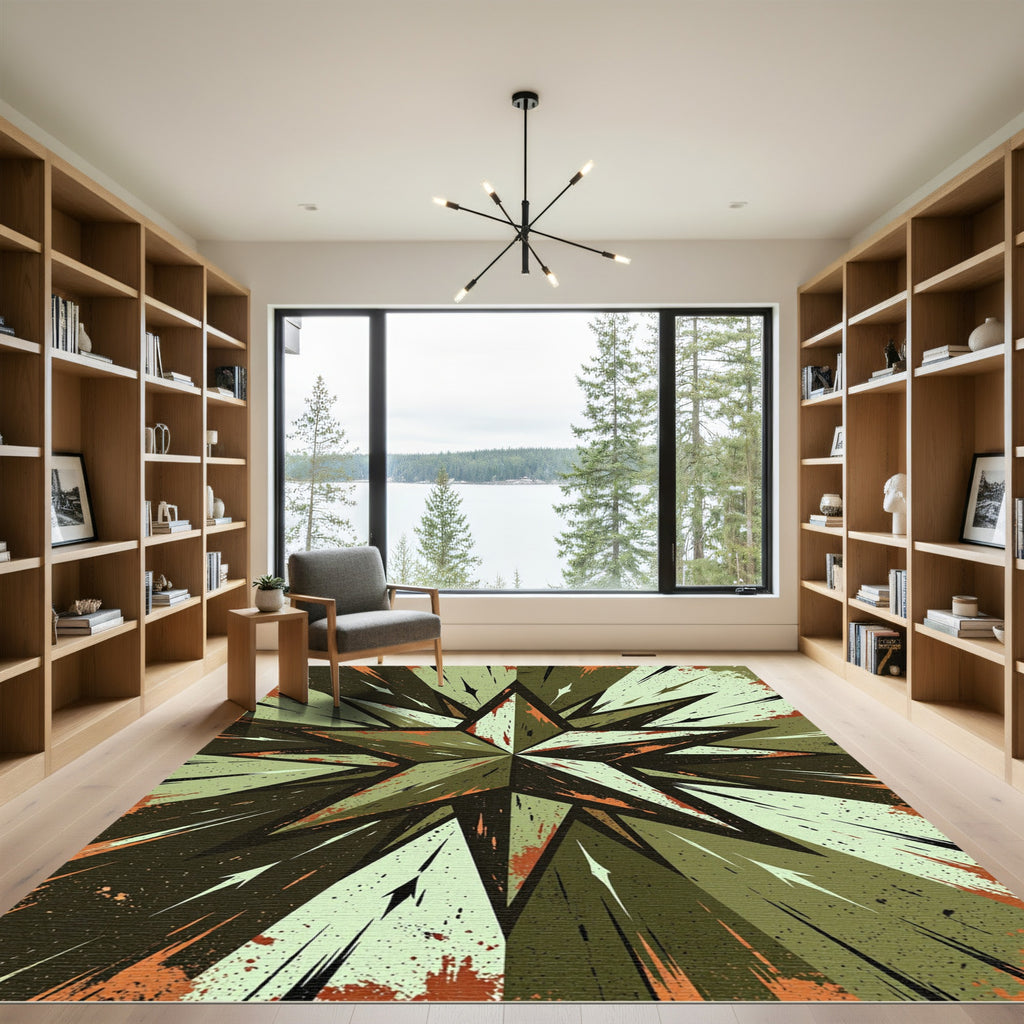 Distressed Army Green Compass Star Rug