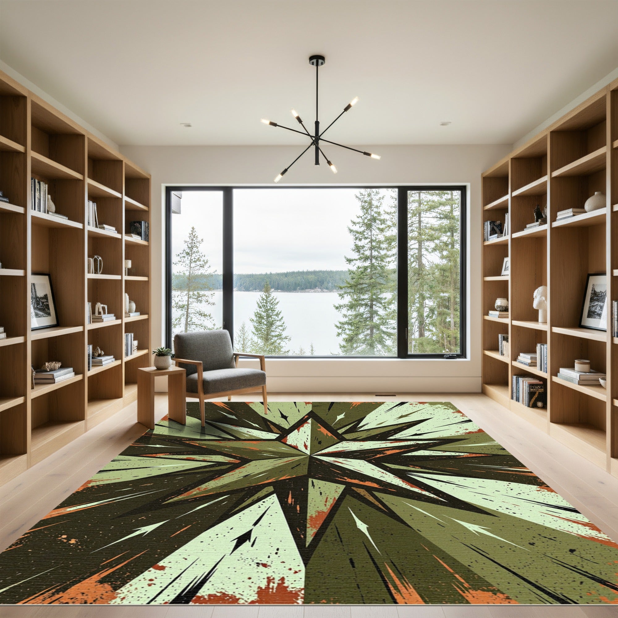 Distressed Army Green Compass Star Rug