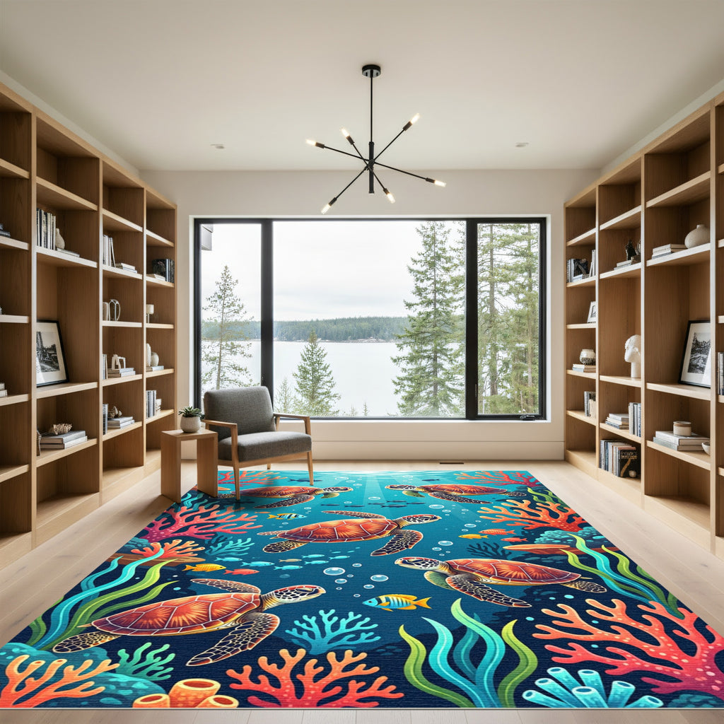 Vibrant Underwater Sea Turtle Coral Reef Rug
