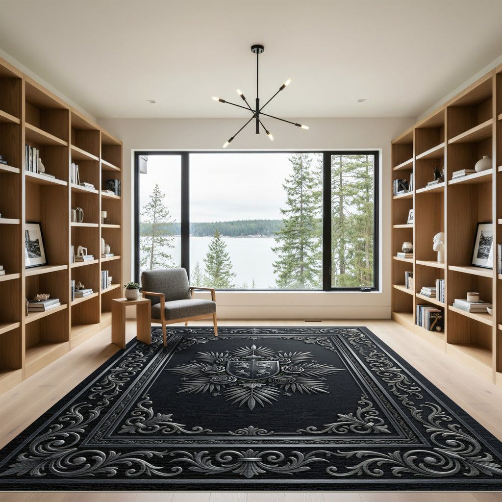 Ornate Silver Crest Floral Border Rug