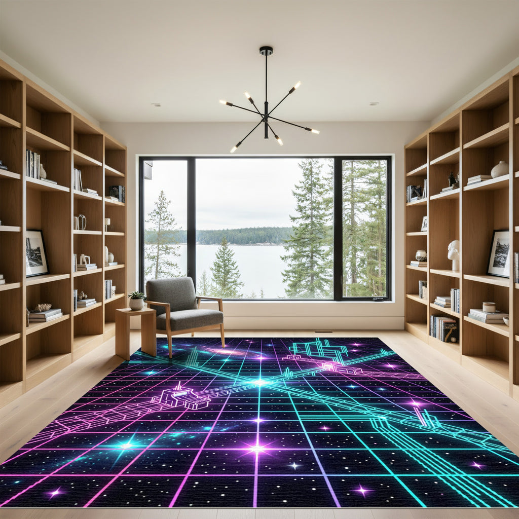Neon Cyberpunk Grid Galactic Space Cityscape Rug