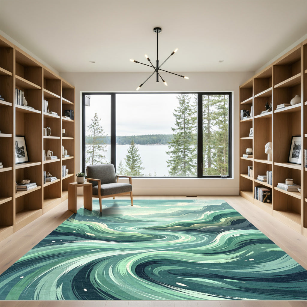 Ethereal Emerald Flowing Mountain River Swirl Rug