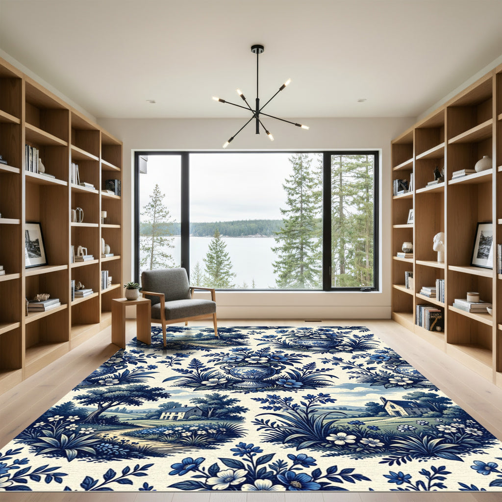 Blue Toile Landscape and Floral Urn Rug
