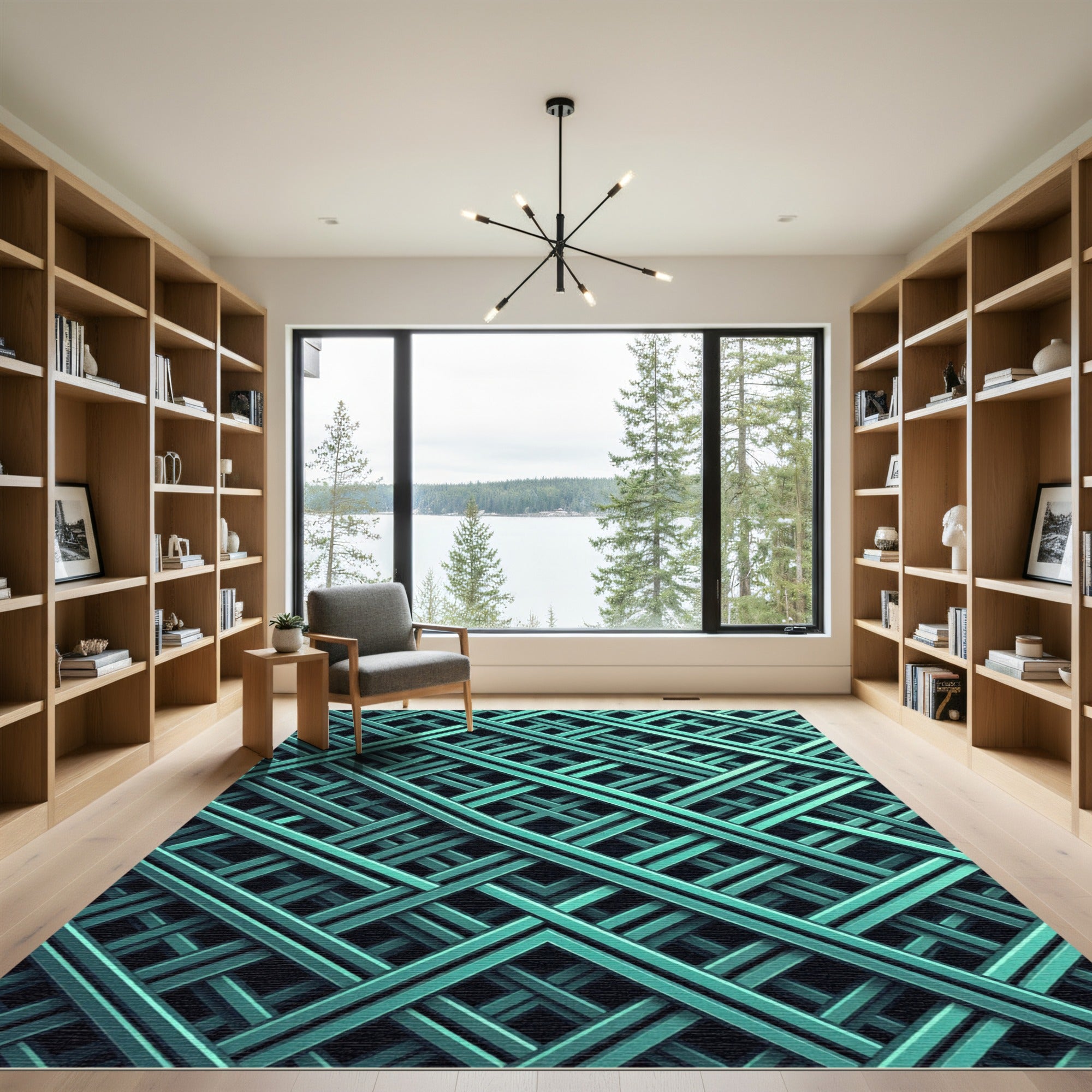 Modern Teal Geometric Interwoven Grid Rug