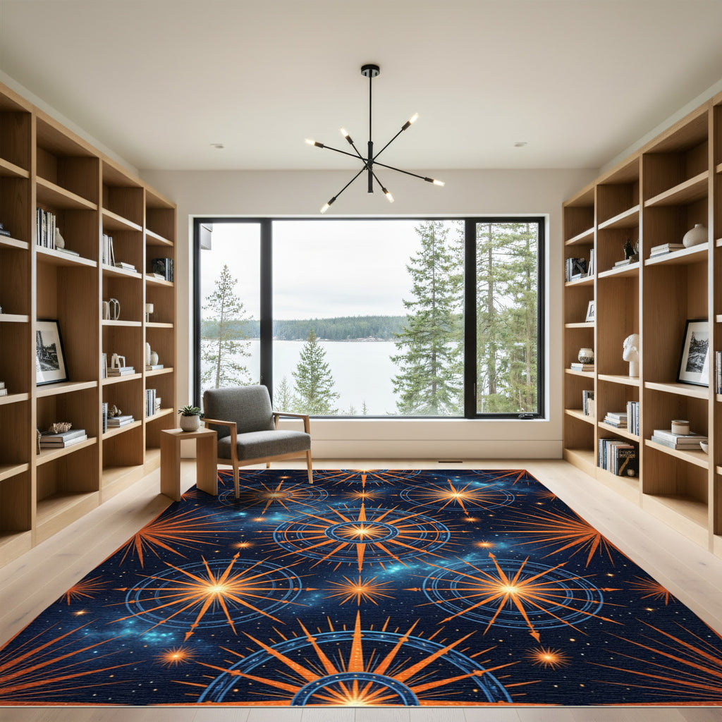 Cosmic Starburst Orange Blue Compass Rug