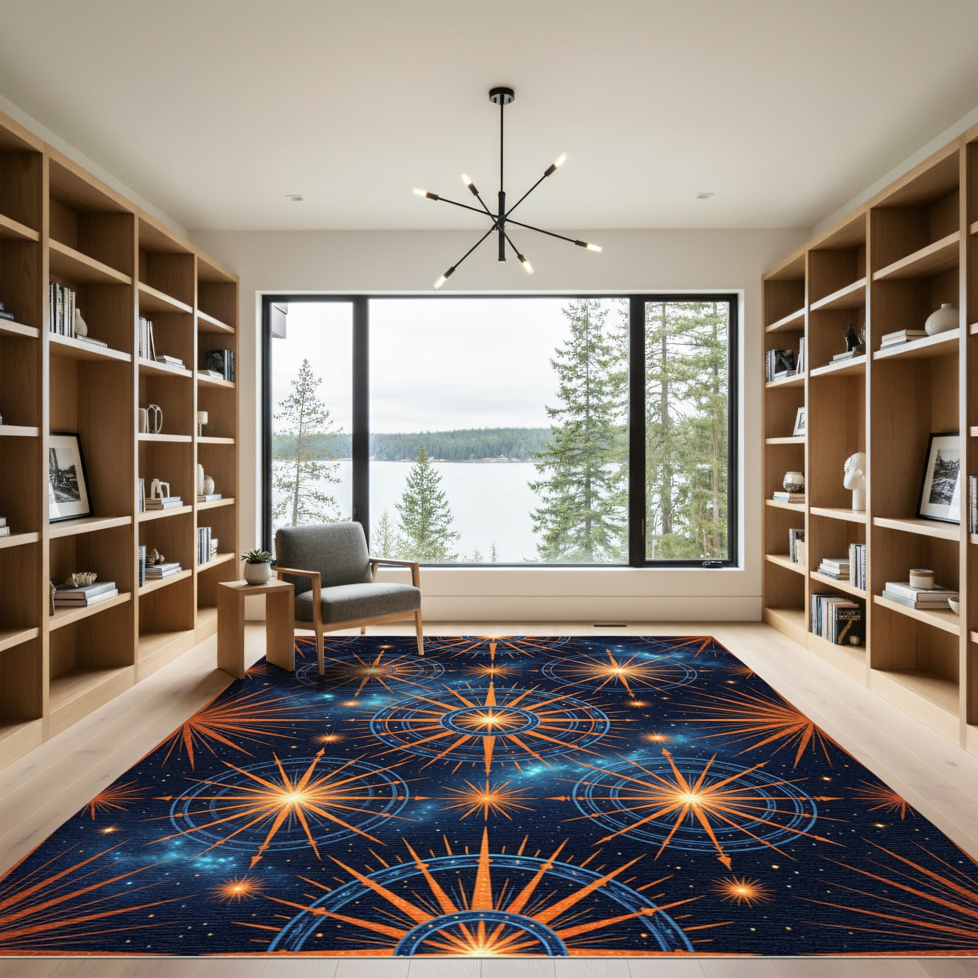 Cosmic Starburst Orange Blue Compass Rug