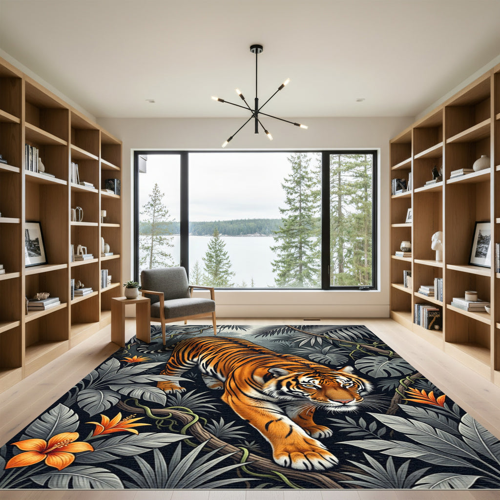 Vivid Tiger Amidst Monochrome Tropical Flora Rug