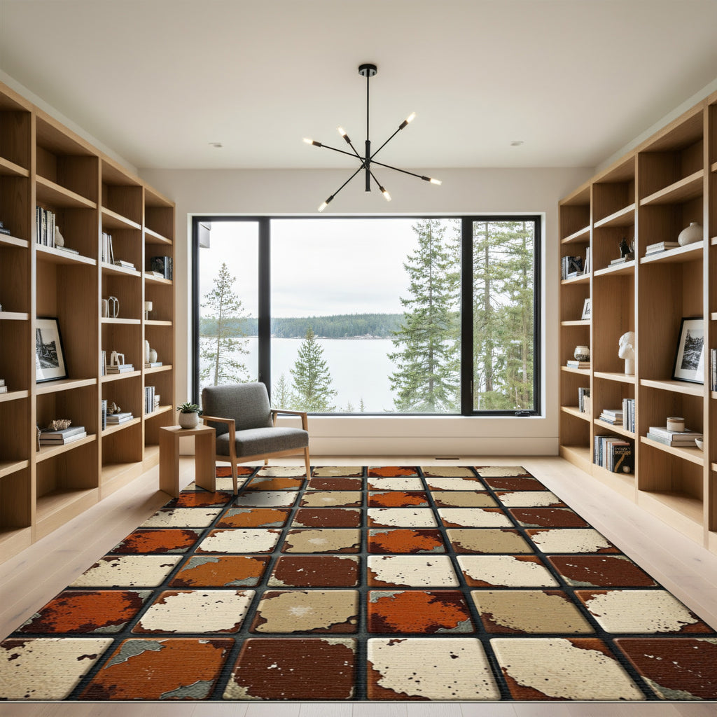 Textured Copper and Beige Tiled Grid Rug