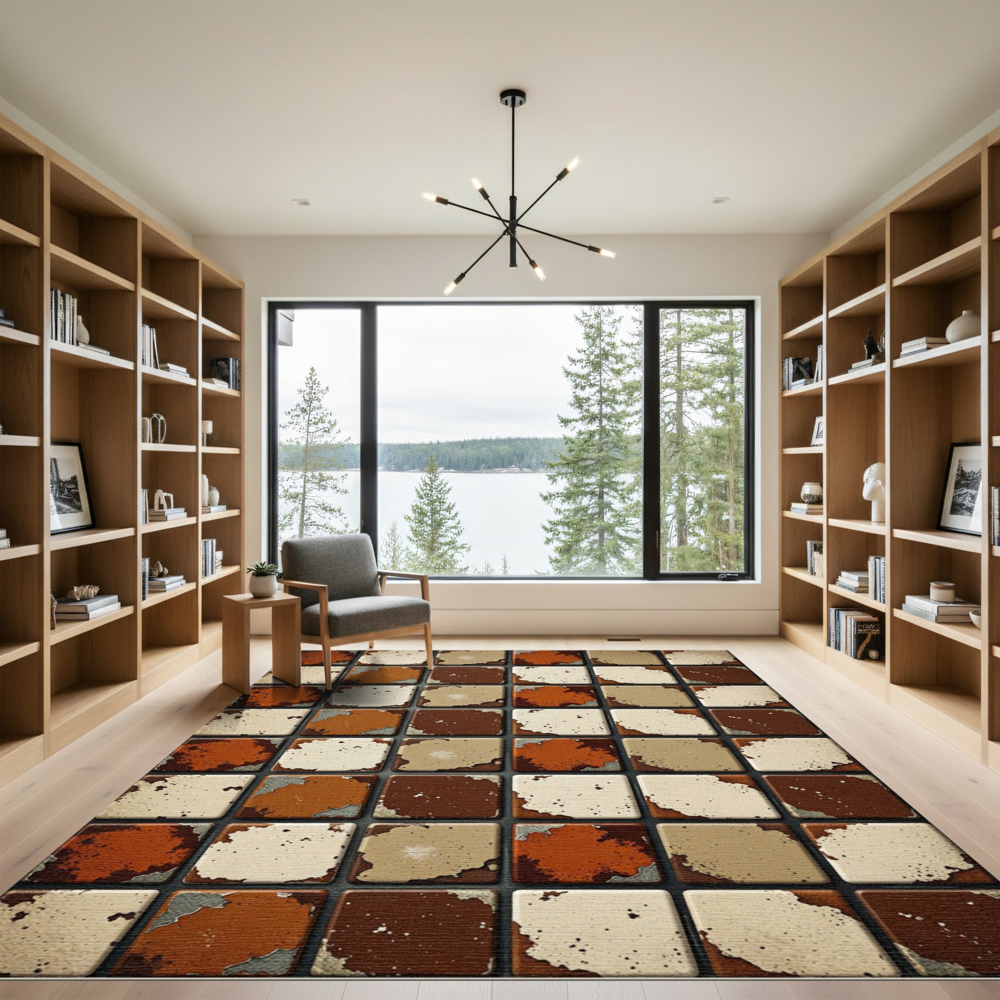 Textured Copper and Beige Tiled Grid Rug