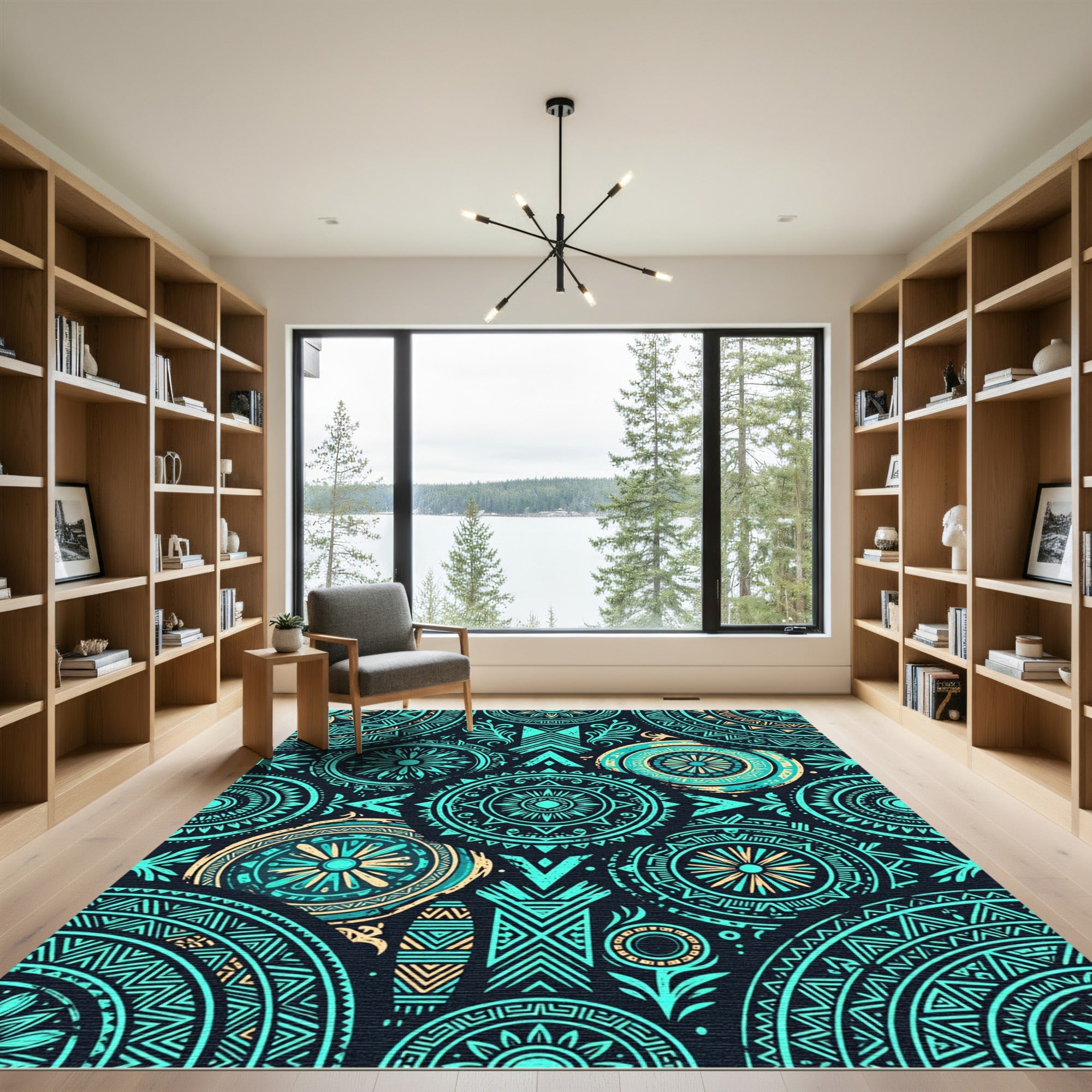 Teal Cyan Geometric Mandala Accent Rug