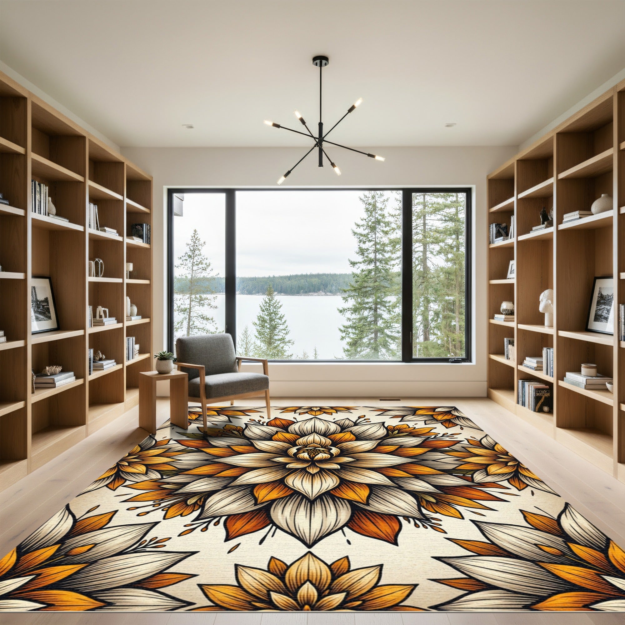 Golden Orange Floral Medallion Composition Rug