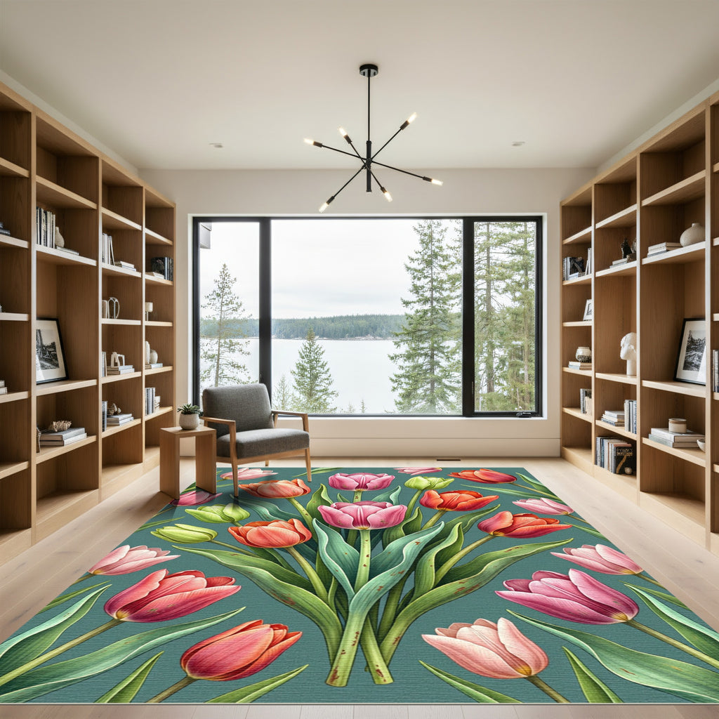 Elegant Pink Green Tulip Floral Artwork Rug