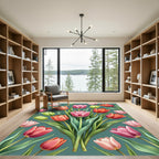 Elegant Pink Green Tulip Floral Artwork Rug