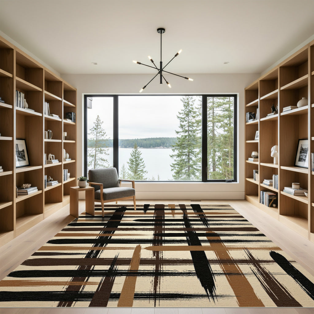 Black Brown Grungy Plaid Lines Rug