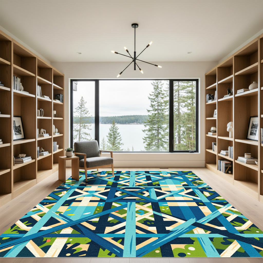 Geometric Blue Grid Botanical Abstract Rug
