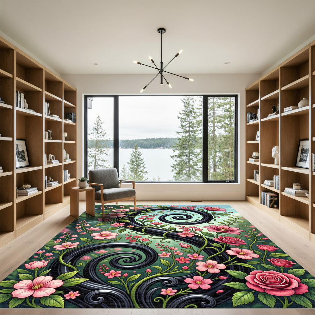 Elegant Black Swirl Pink Floral Scroll Rug