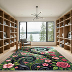 Elegant Black Swirl Pink Floral Scroll Rug