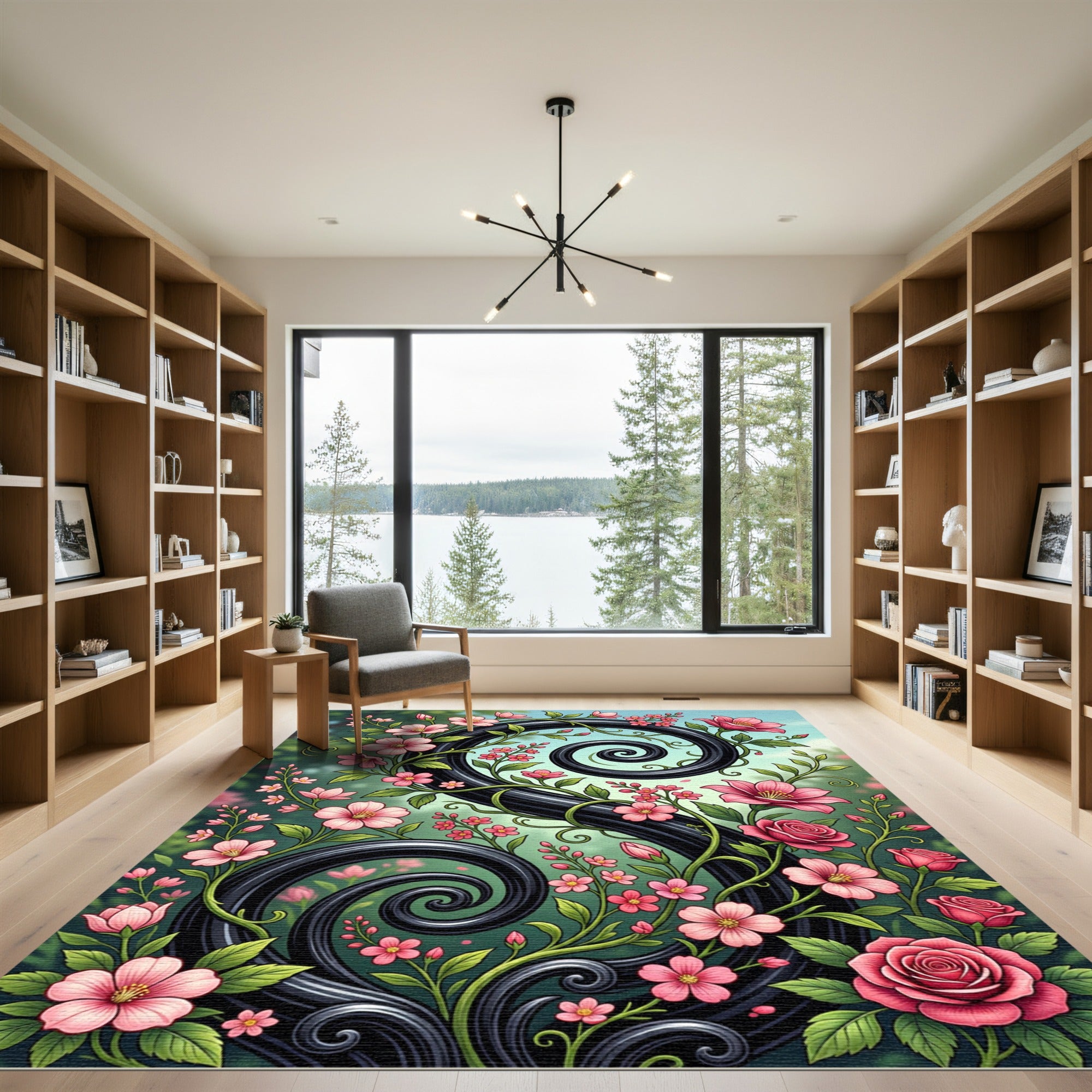Elegant Black Swirl Pink Floral Scroll Rug