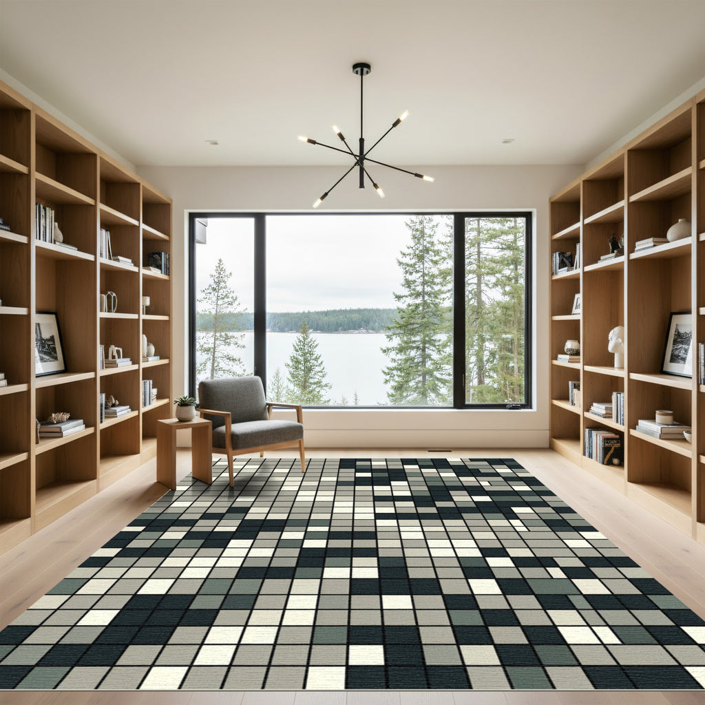 Monochrome Pixelated Grid Abstract Area Rug