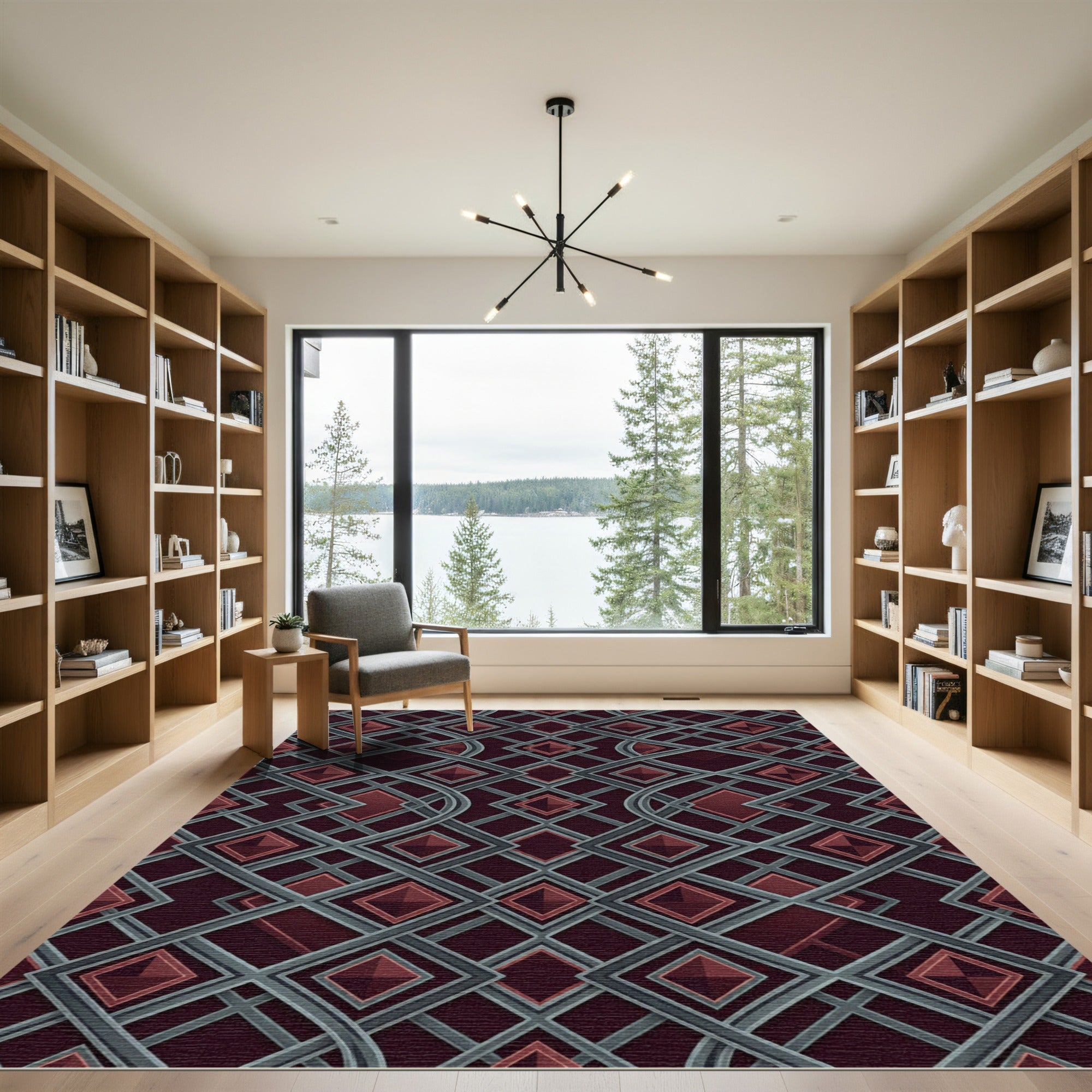 Deep Red Diamond Interlace Geometric Rug