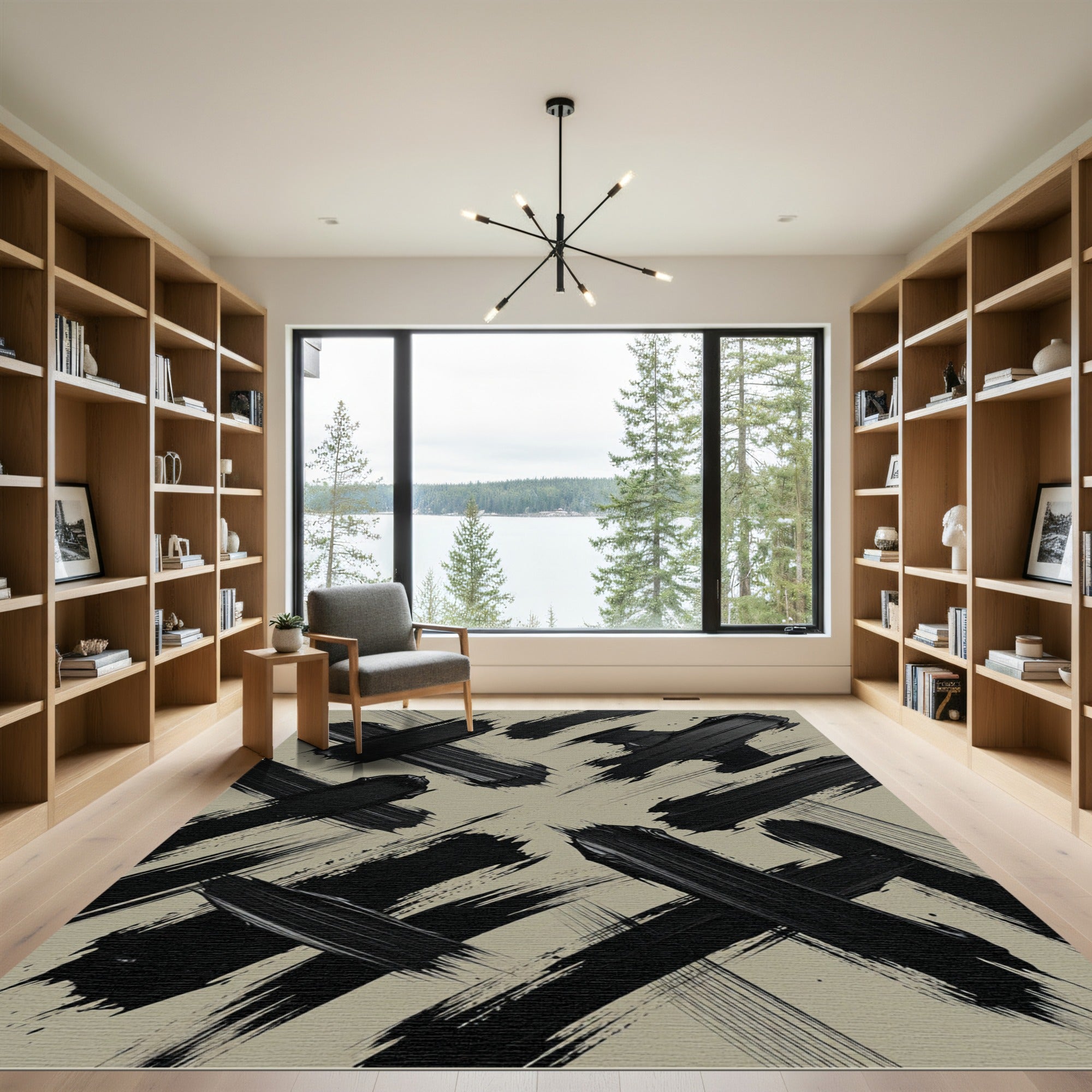 Modern Black Abstract Brushwork Rug