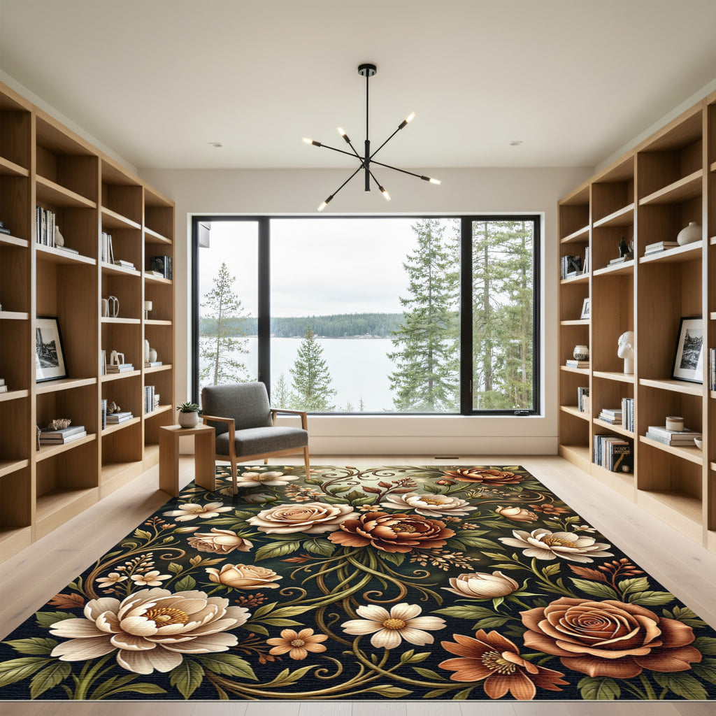 Elegant Sepia Botanical Floral Bouquet Rug