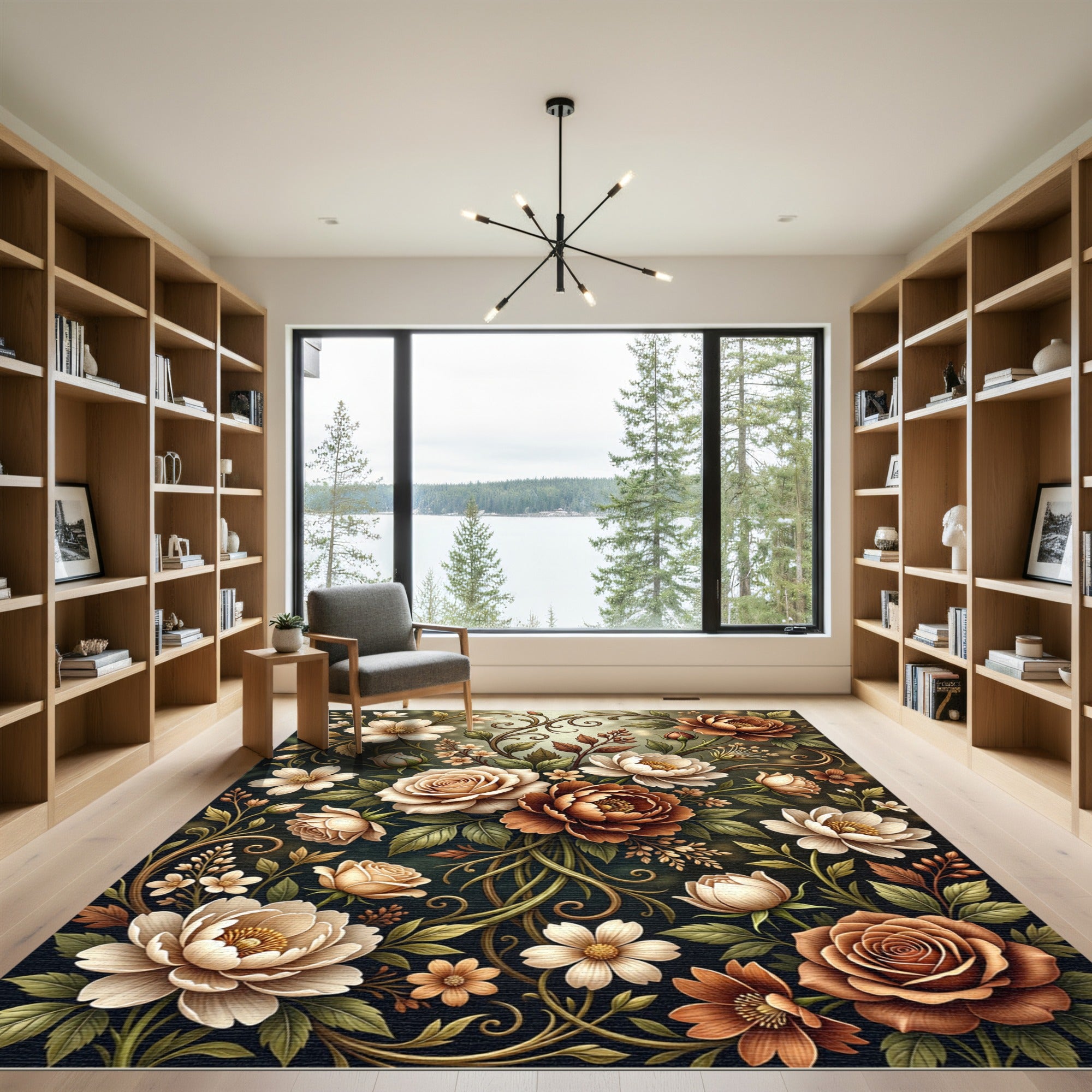 Elegant Sepia Botanical Floral Bouquet Rug
