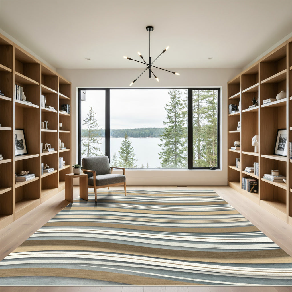 Contemporary Wavy Earth Tone Striped Rug