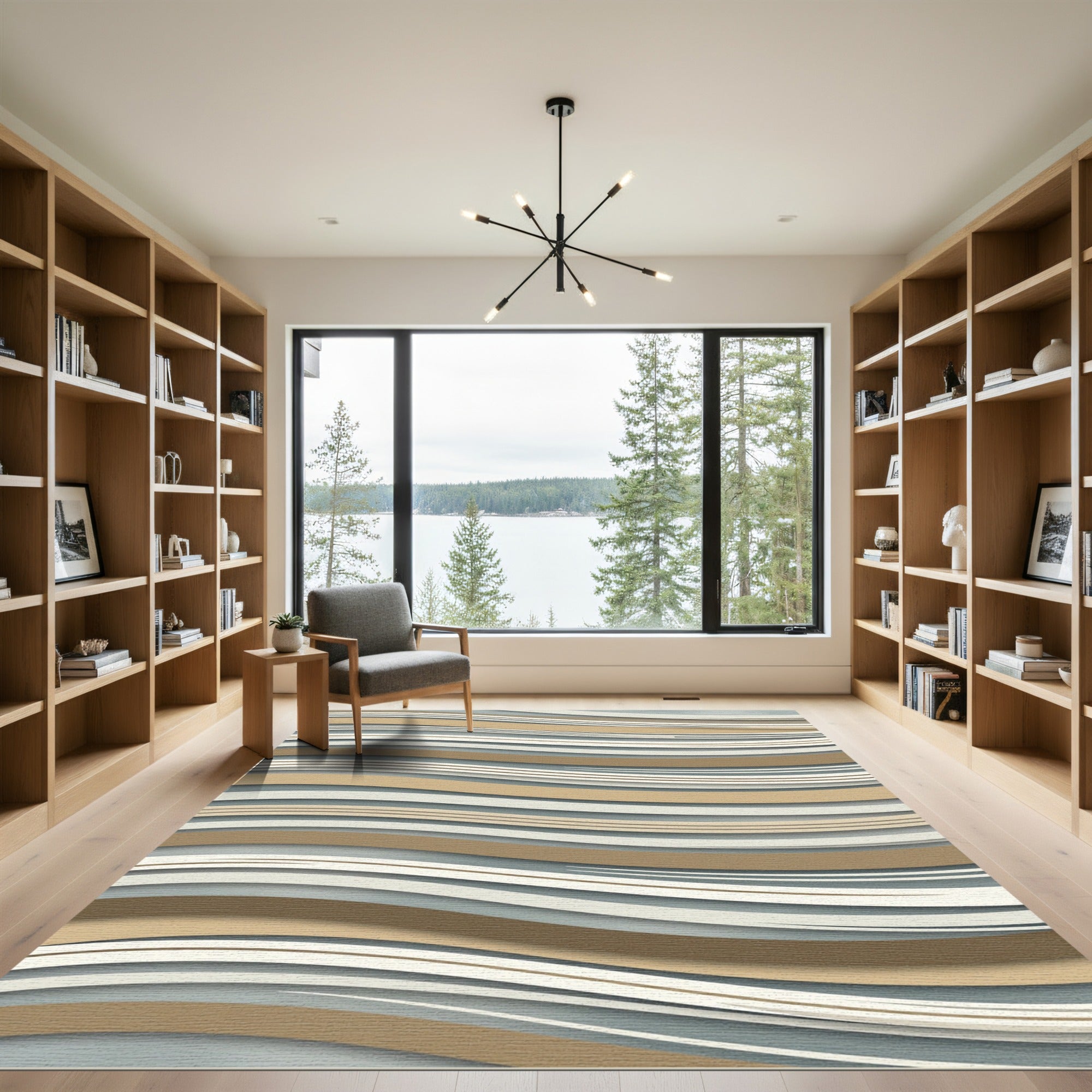 Contemporary Wavy Earth Tone Striped Rug