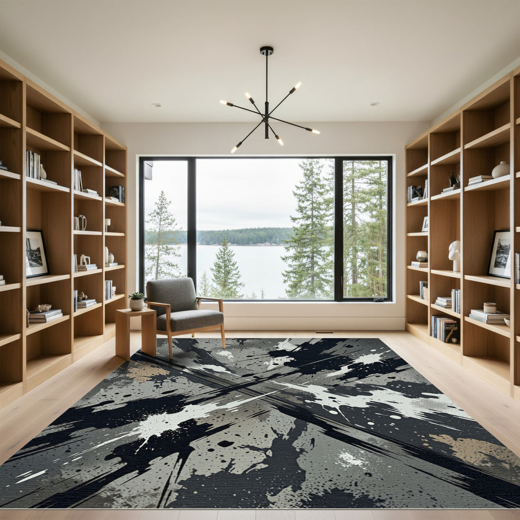 Monochrome Charcoal Ink Splash Abstract Rug