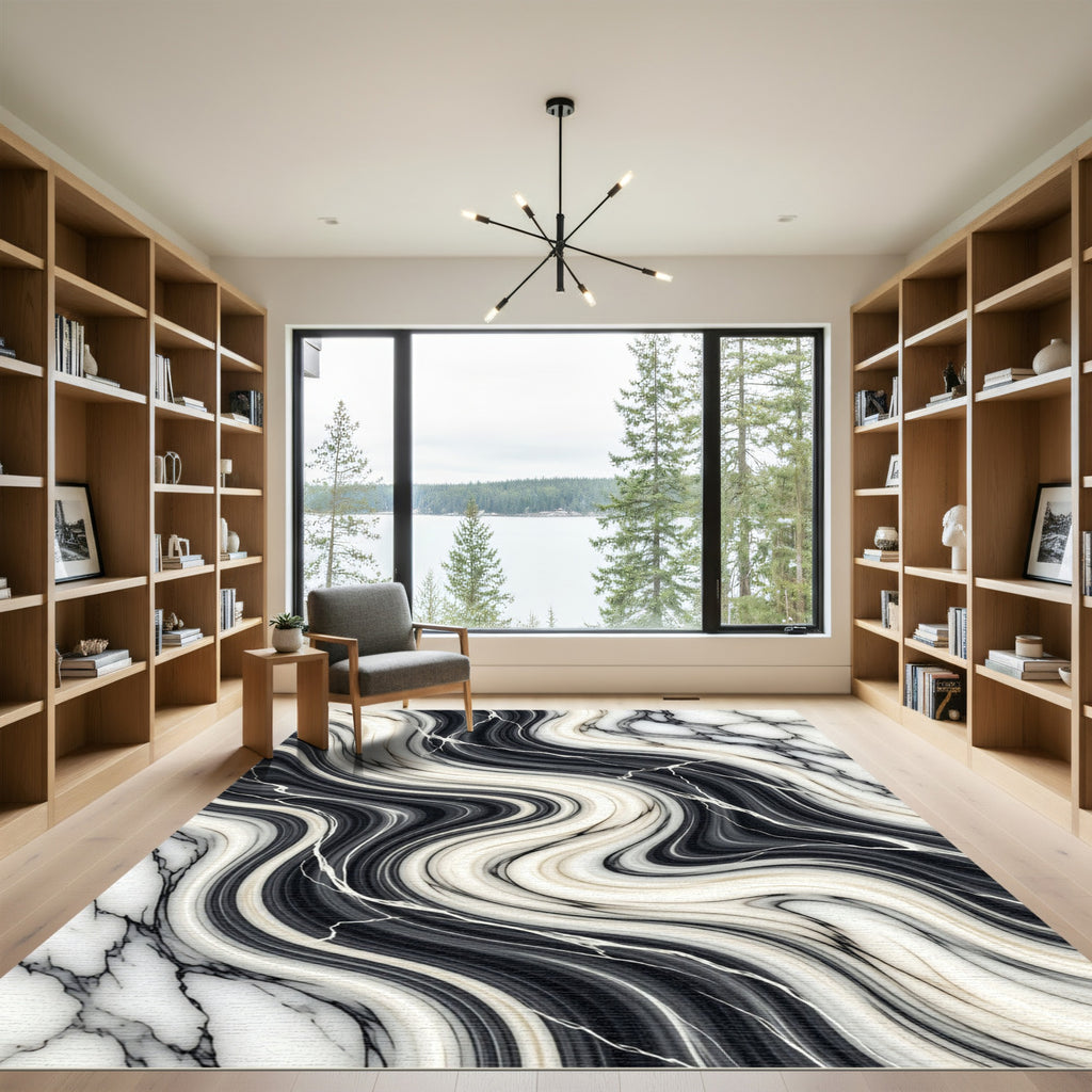 Monochrome Liquid Marble Flow Wave Rug