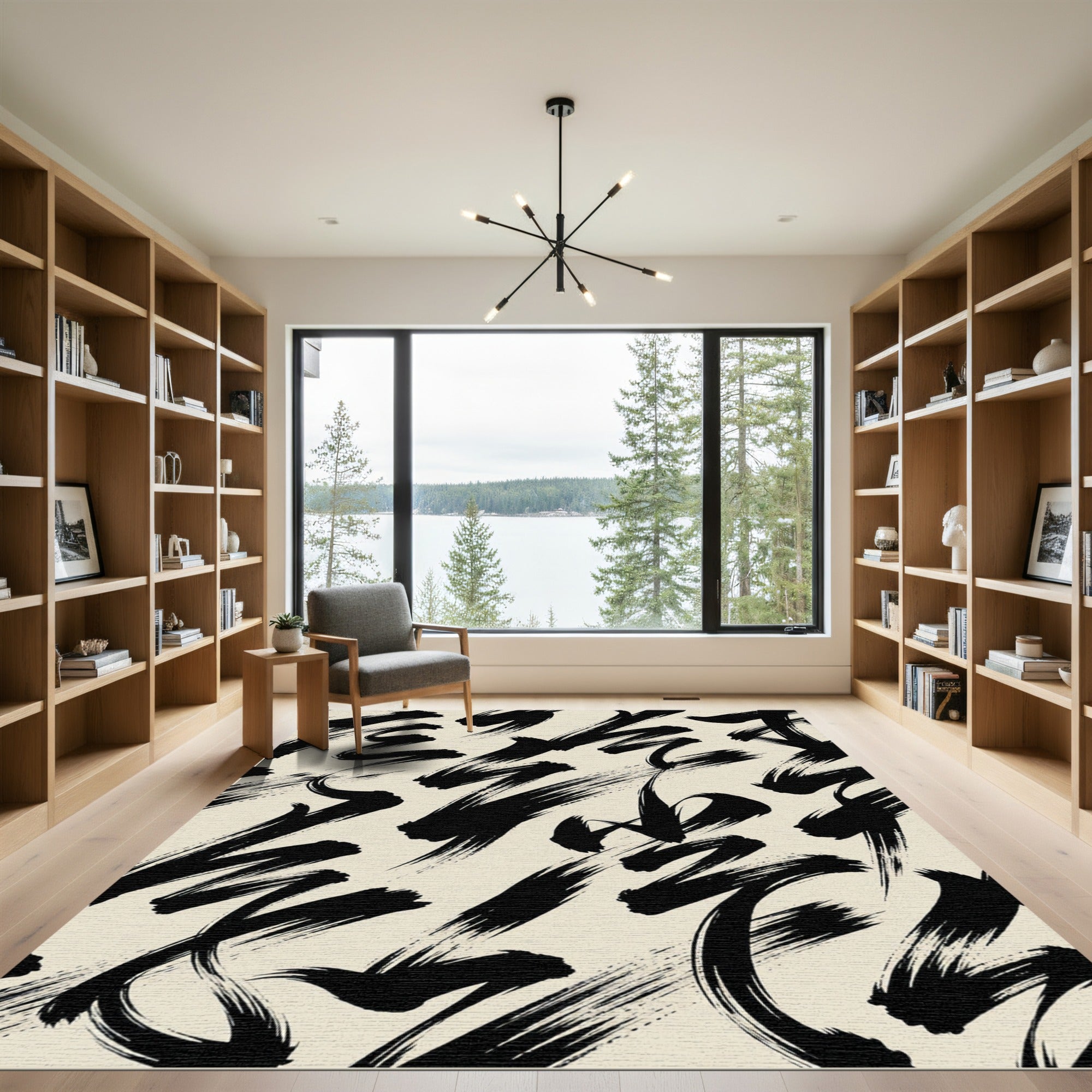 Bold Black Abstract Brushstroke Ink Rug