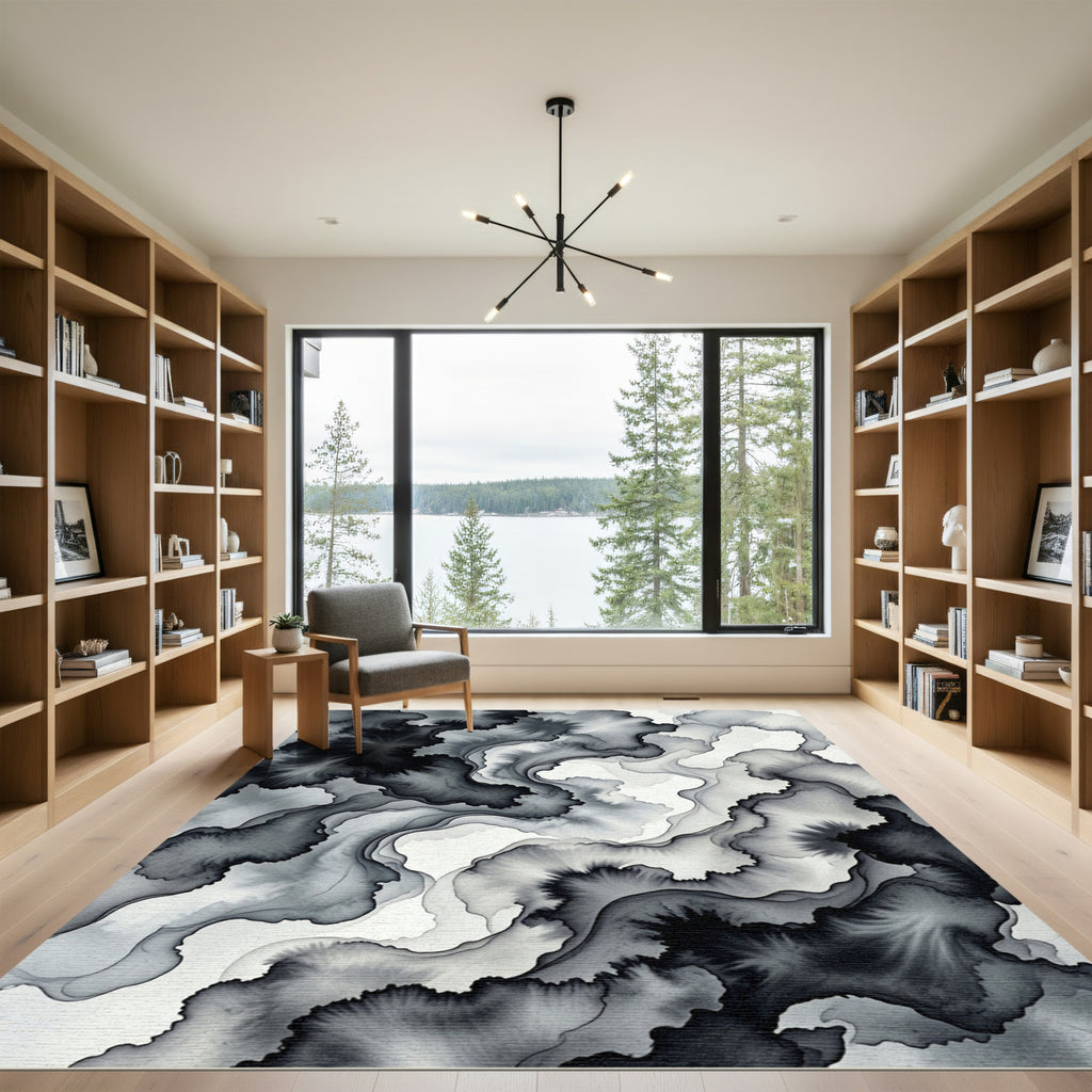 Monochromatic Ink Wash Fluid Ripples Rug