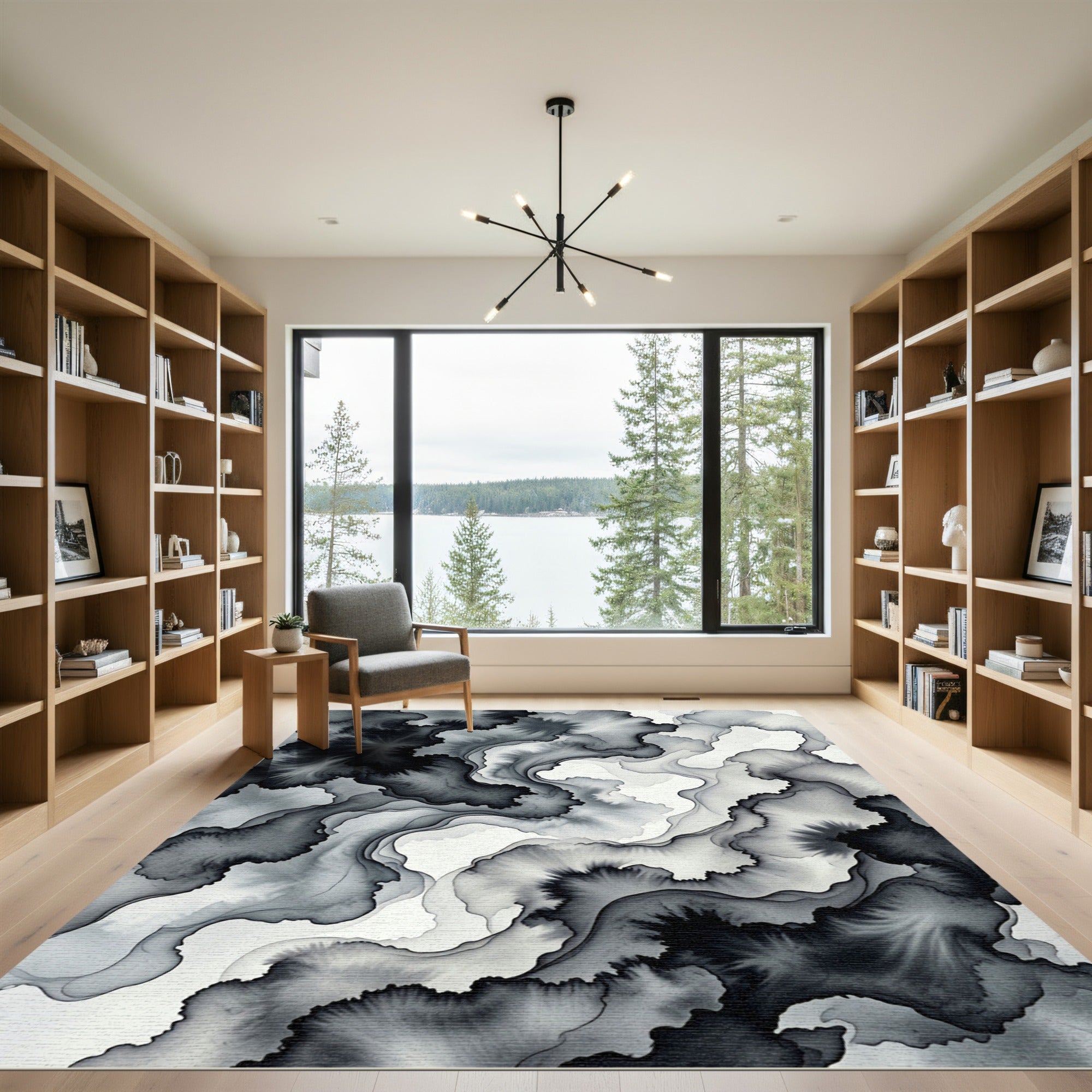 Monochromatic Ink Wash Fluid Ripples Rug