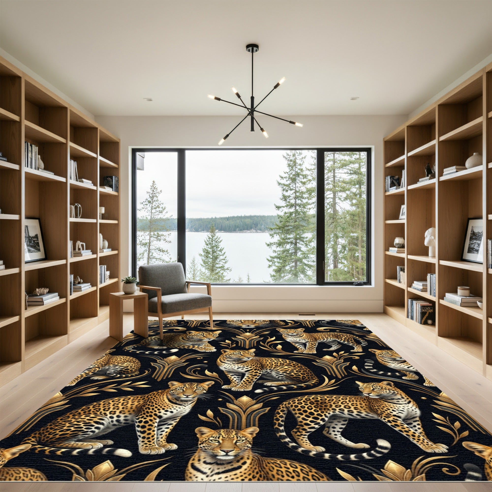 Golden Leopard Art Deco Floral Rug