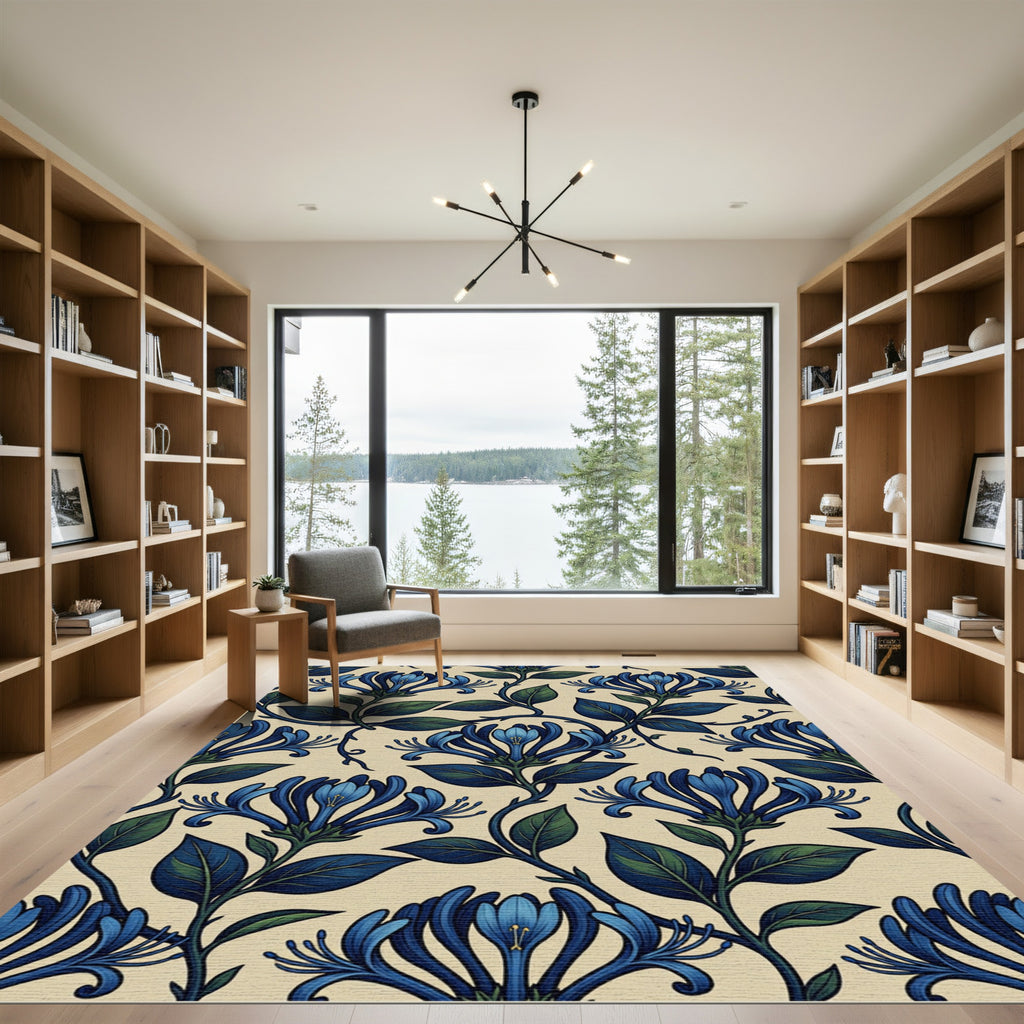 Art Nouveau Blue Honeysuckle Floral Scroll Rug