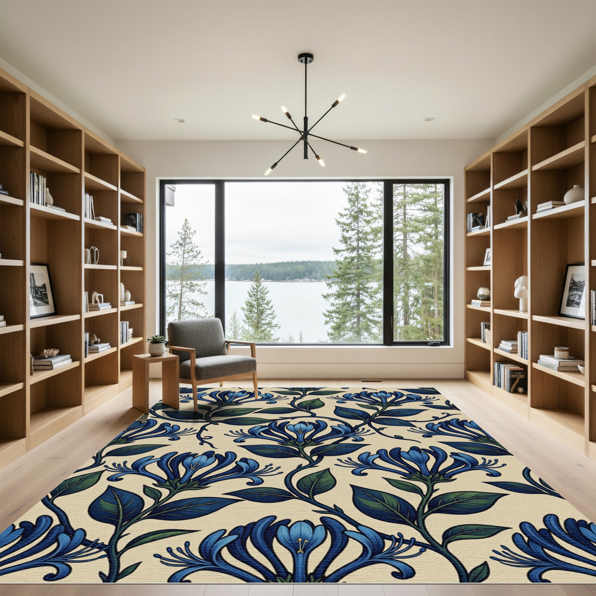 Art Nouveau Blue Honeysuckle Floral Scroll Rug
