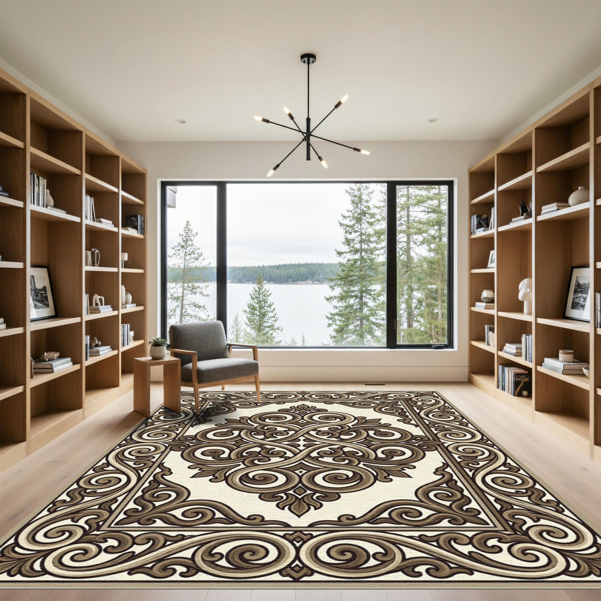 Elegant Brown Scrollwork Medallion Border Rug